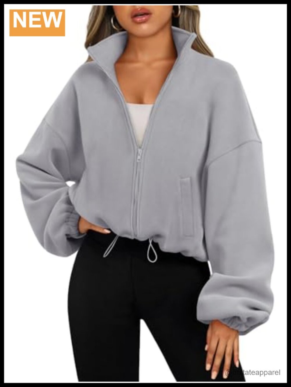 Oversized Cropped Full-Zip Fleece Jacket Drop Shoulder Sweatshirt